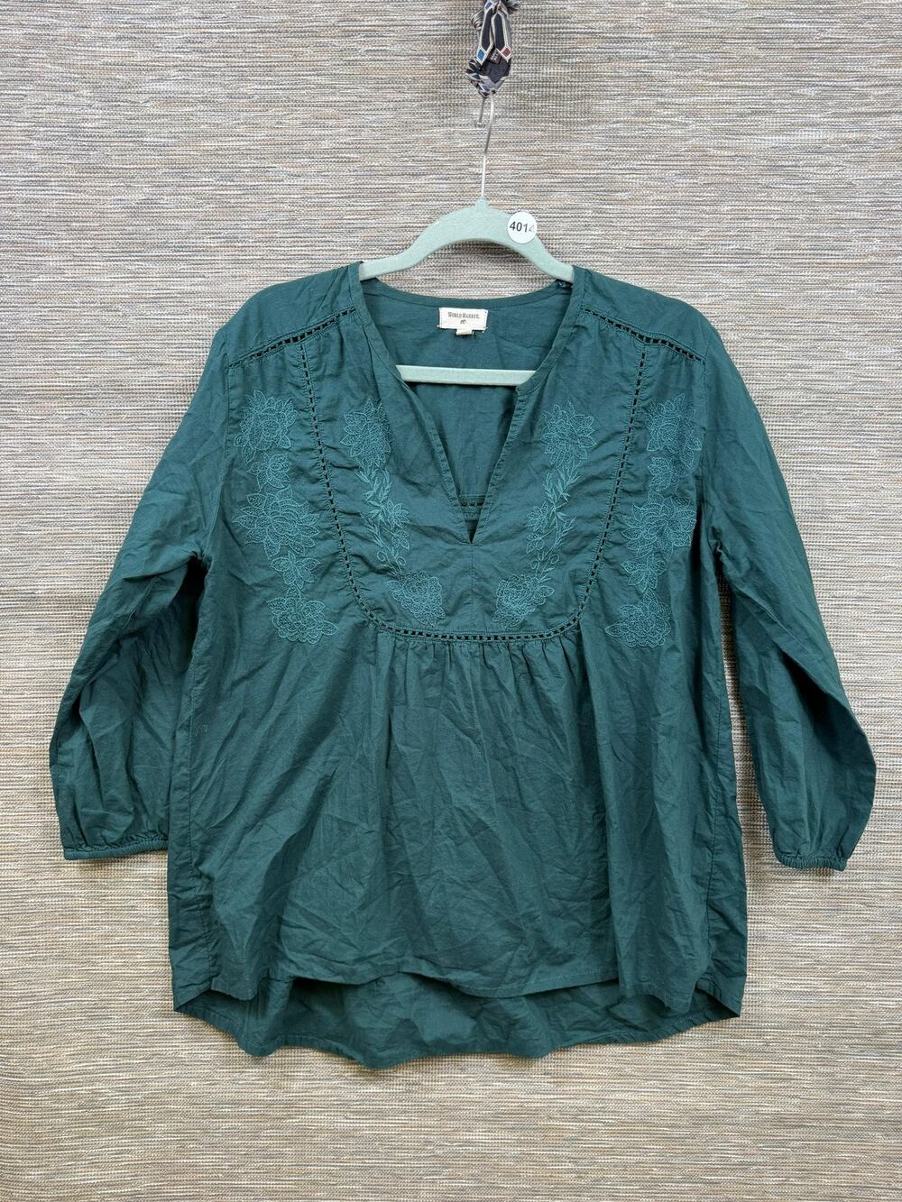 World Market Blouse Womens L/XL Green Embroidered V Neck 3/4 Sleeve Tunic Top